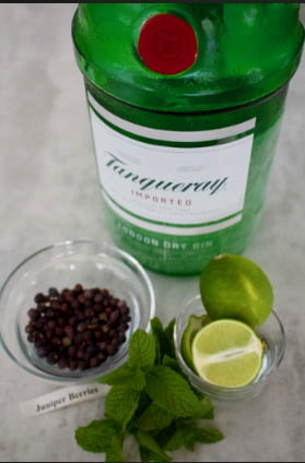 Gin, Juniper berries, lime and mint for refreshing sorbet shooters.