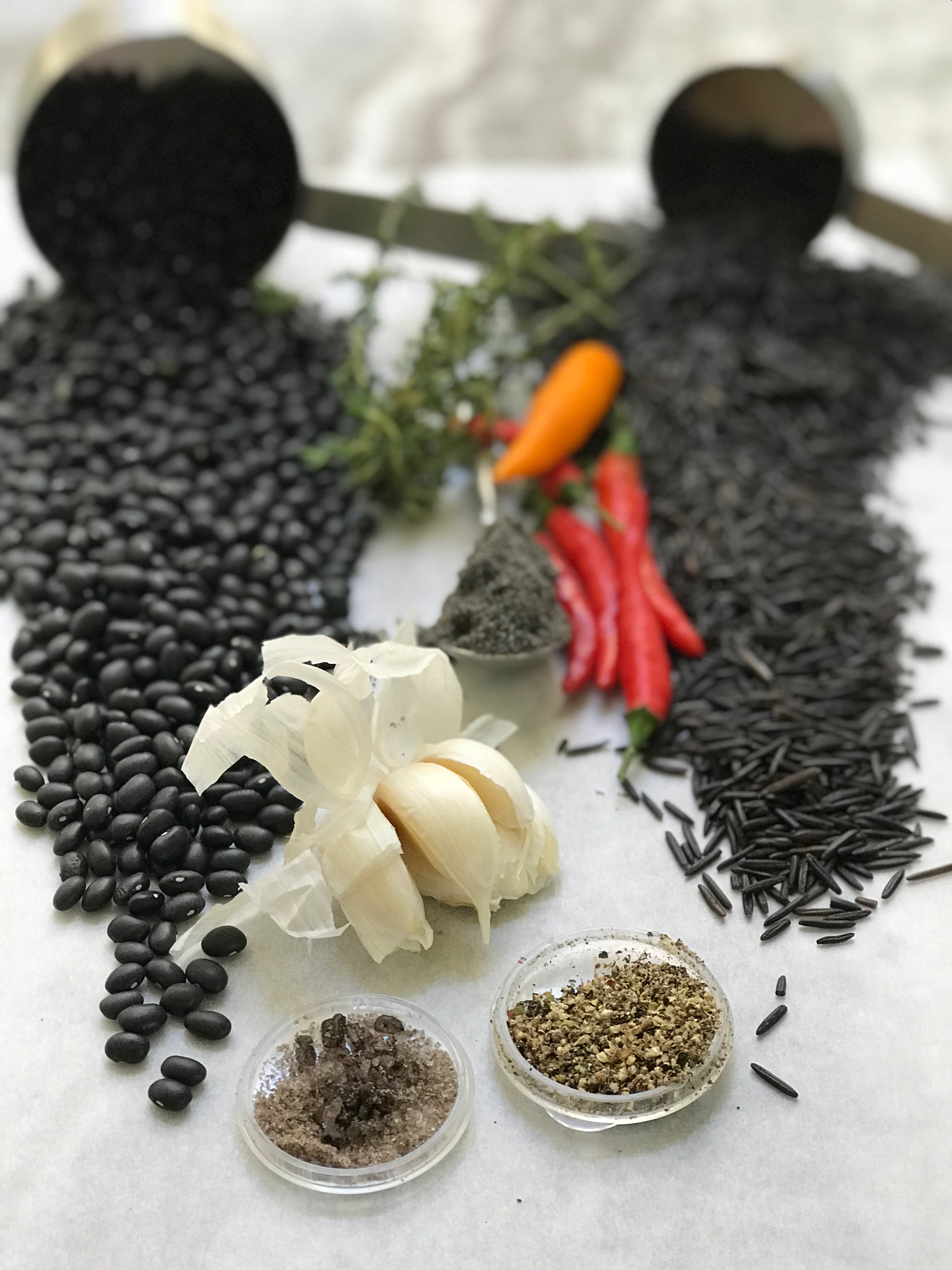 Black beans, black cumin, black rice, smoked salt and Thai chili peppers