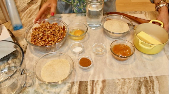 Baklava ingredients and equipment.