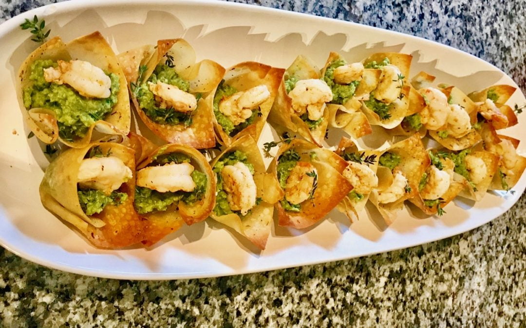 PEA PESTO AND SHRIMP WONTON CUPS