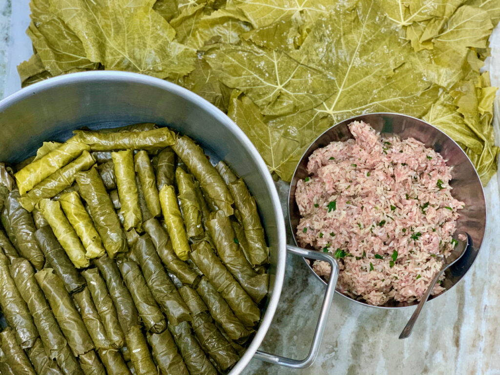 Stuffed grape leaves ready to cook