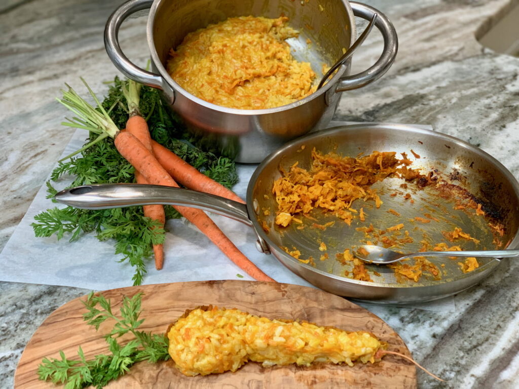 creamy carrot risotto cooked and shaped