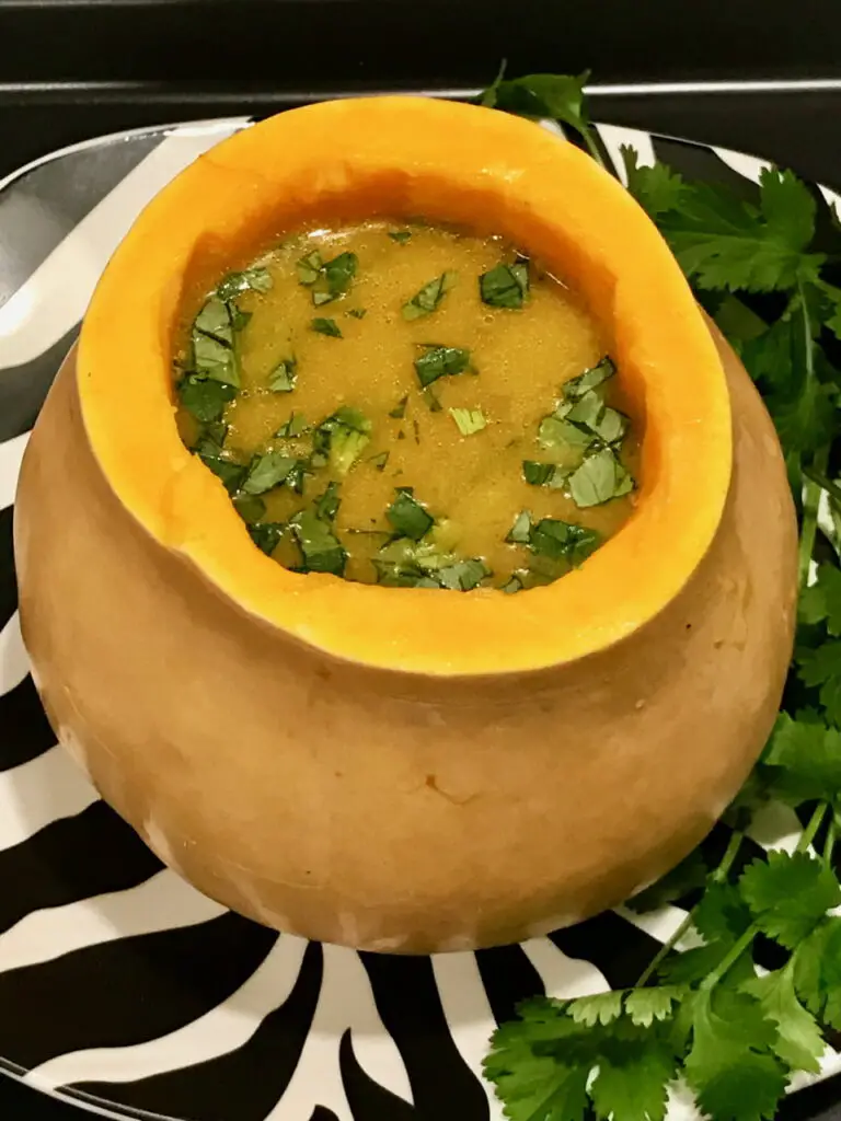 Flavor rich butternut squash soup in a gourd