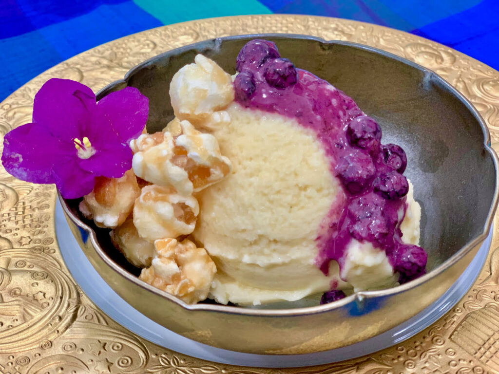 Corn Ice Cream With Blueberry Compote And Caramel Popcorn
