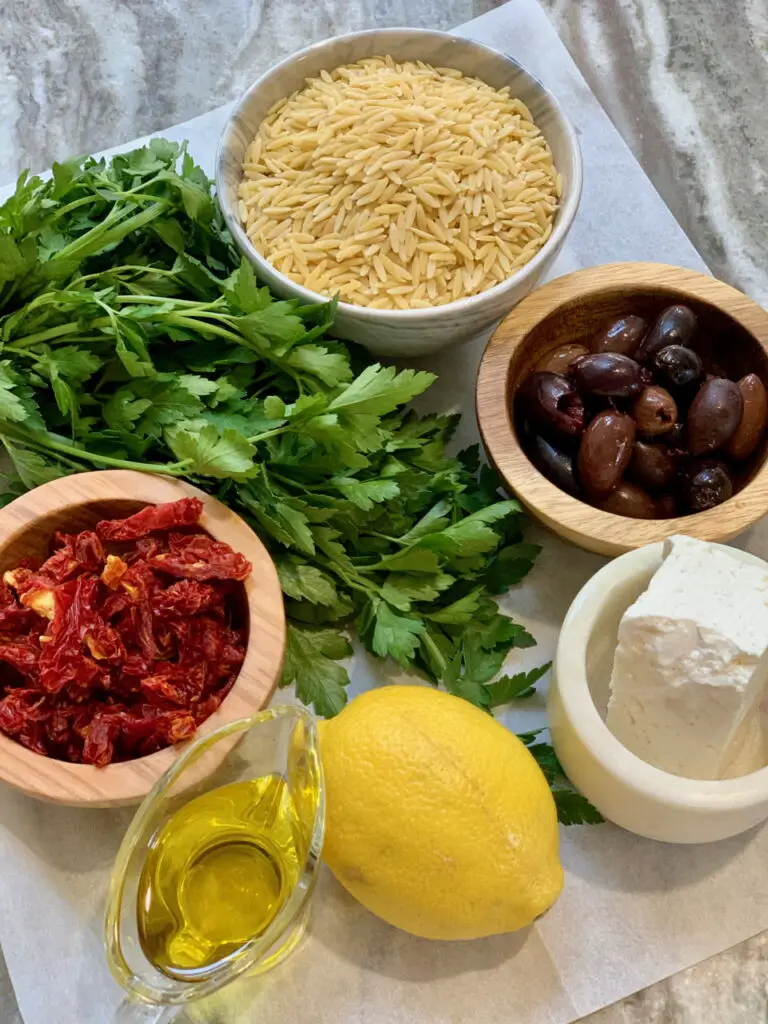 Ingredients for Mediterranean Orzo Black Olive Salad