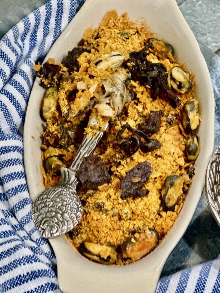 Pantry seafood casserole with dried mushrooms