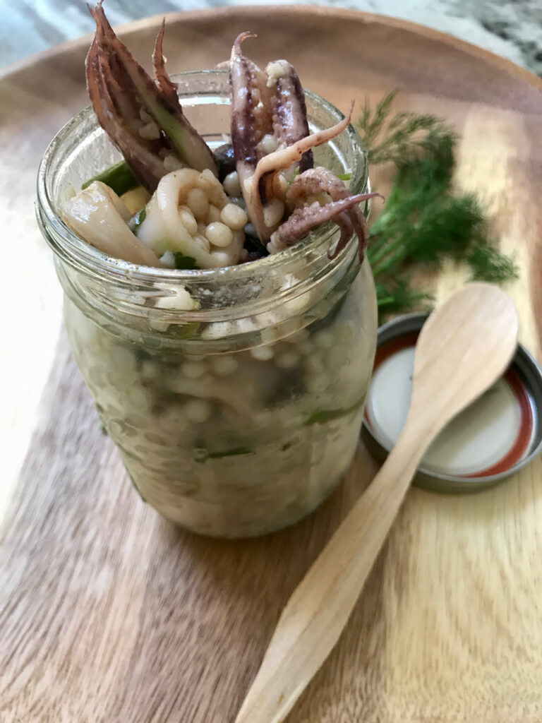 Seafood and Couscous Pearls In A Mason Jar To-go

