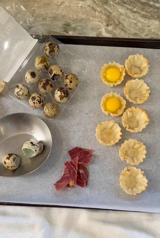 Quail Eggs and Bacon Being Prepped In Tart Shells
