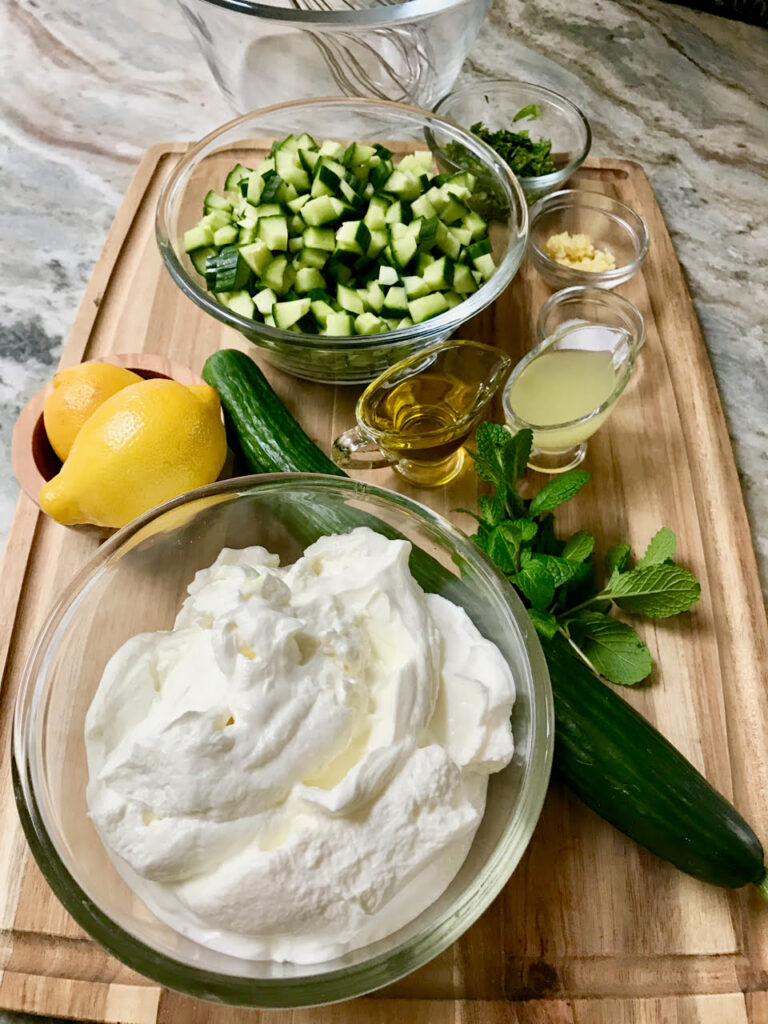 Healthy Tzatziki Ingredients - Greek yogurt, cucumber, mint, lemon, garlic and olive oil