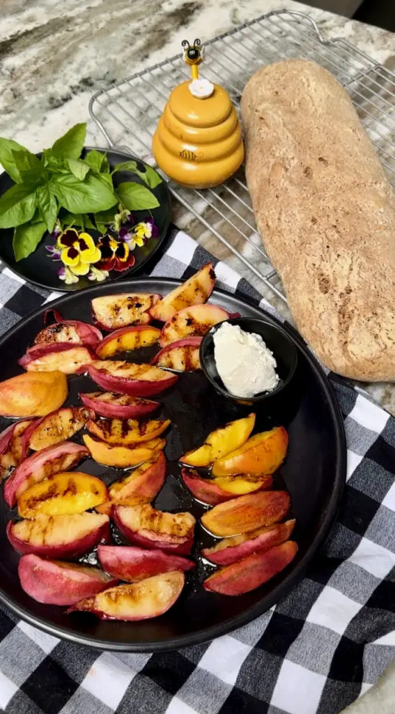 Ingredients For Making Grilled Peach Pecan Crostini With Honey