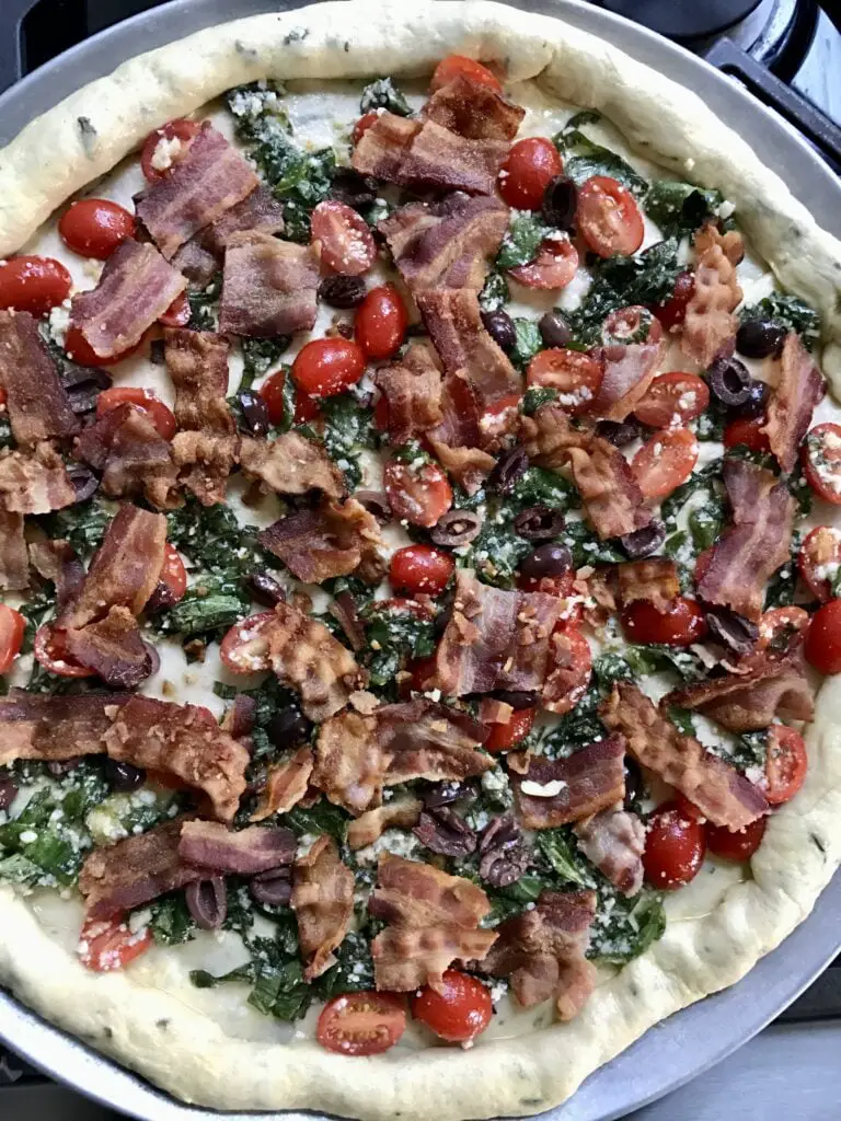 Bacon Spinach and Tomato Pizza Ready To Bake!