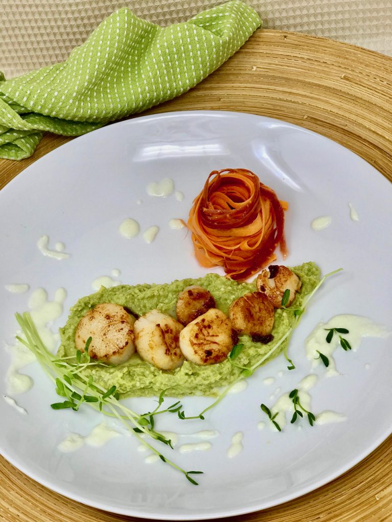 Seared Scallops Over Spicy Pea Pesto With Carrot Ribbons