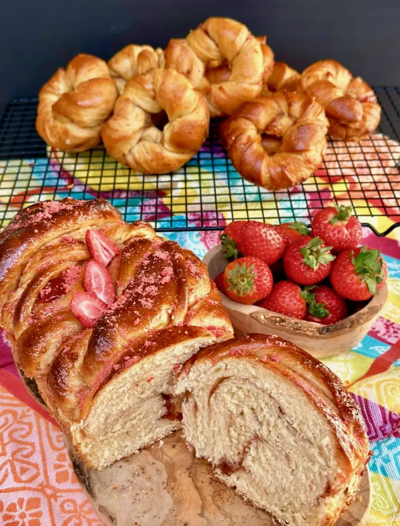 One Strawberry Jam Babka and Strawberry Jam Filled Donuts With Extra Dough