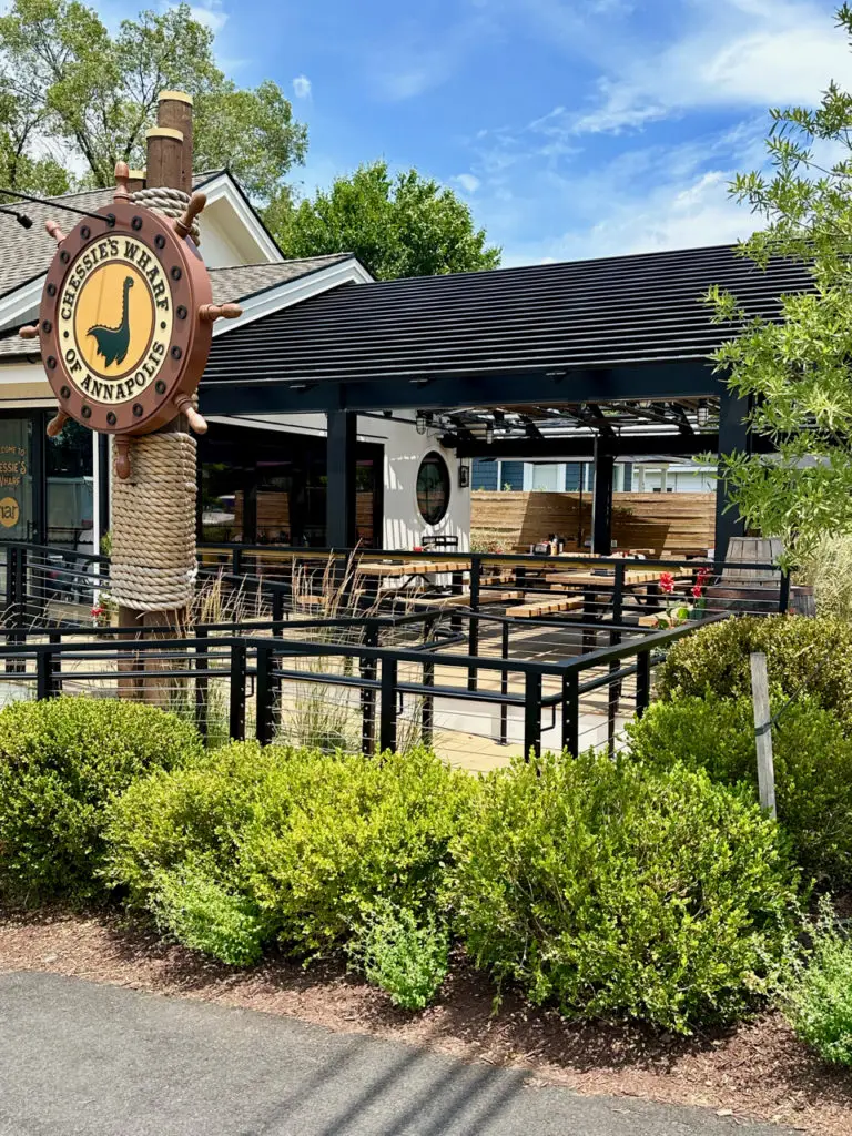 Diners at Chessie's Wharf can enjoy the restaurant's 38 draft beer while sitting on their solid wood picnic-style tables on a deck designed for tri-seasonal weather.