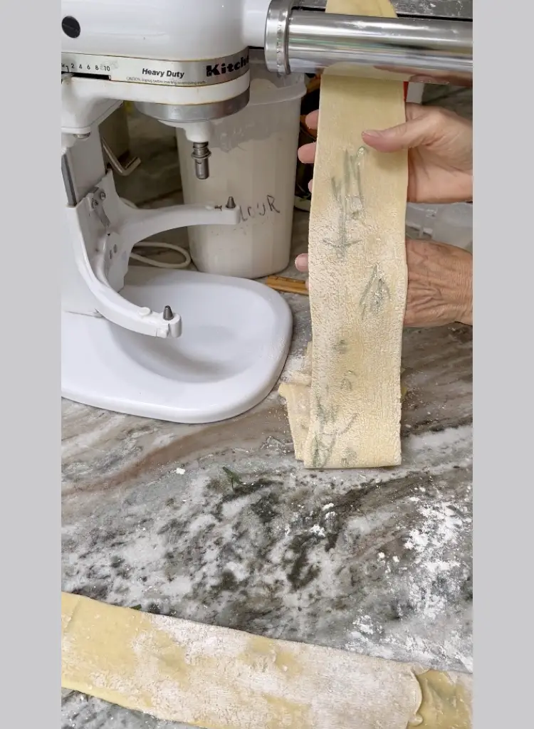 Pasta Machine Rolls The Dough Thin With Herbs Pressed Inside