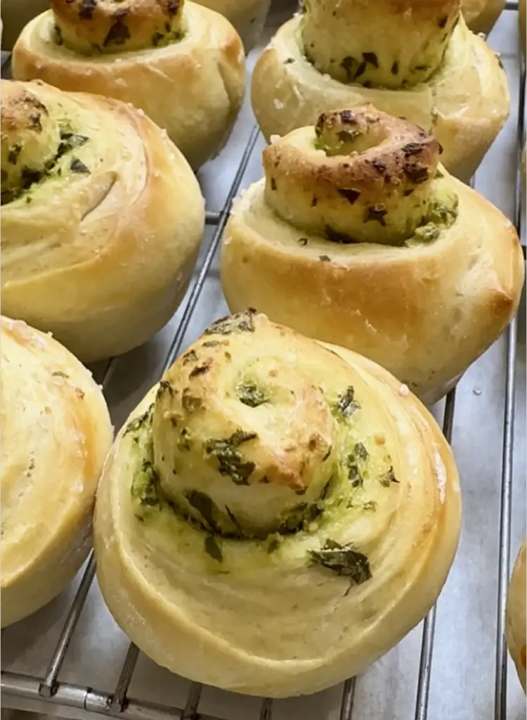 Soft Bread Buns With Basil Pesto Rolled Inside And Baked To Perfection