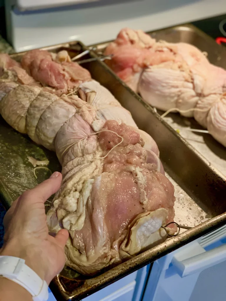 Two Large Turkey Breasts With Grandma's Stuffing Ready For Roasting