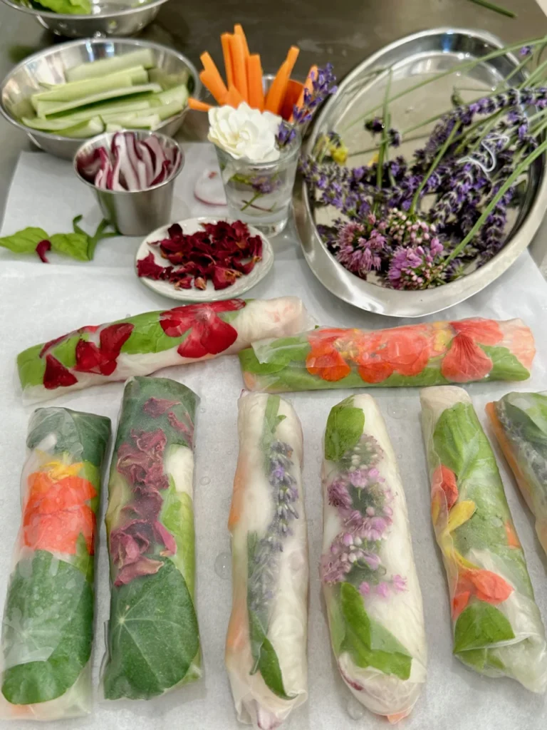 Spring Wraps With Nasturtium Leaf and Flower and Other Edible Flowers