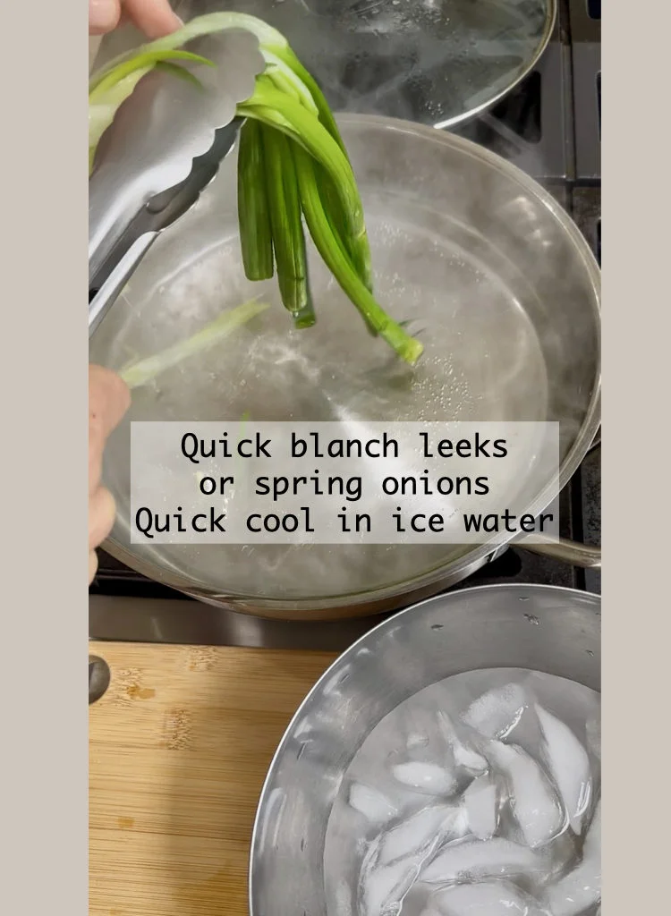 Quick Blanch Green Onions Then Quick Cool In Ice Water