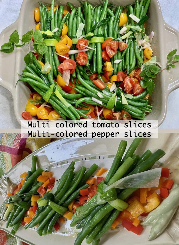 Green Bean Bundles Tied With Leeks And Dressed With Peppers Or Tomatoes