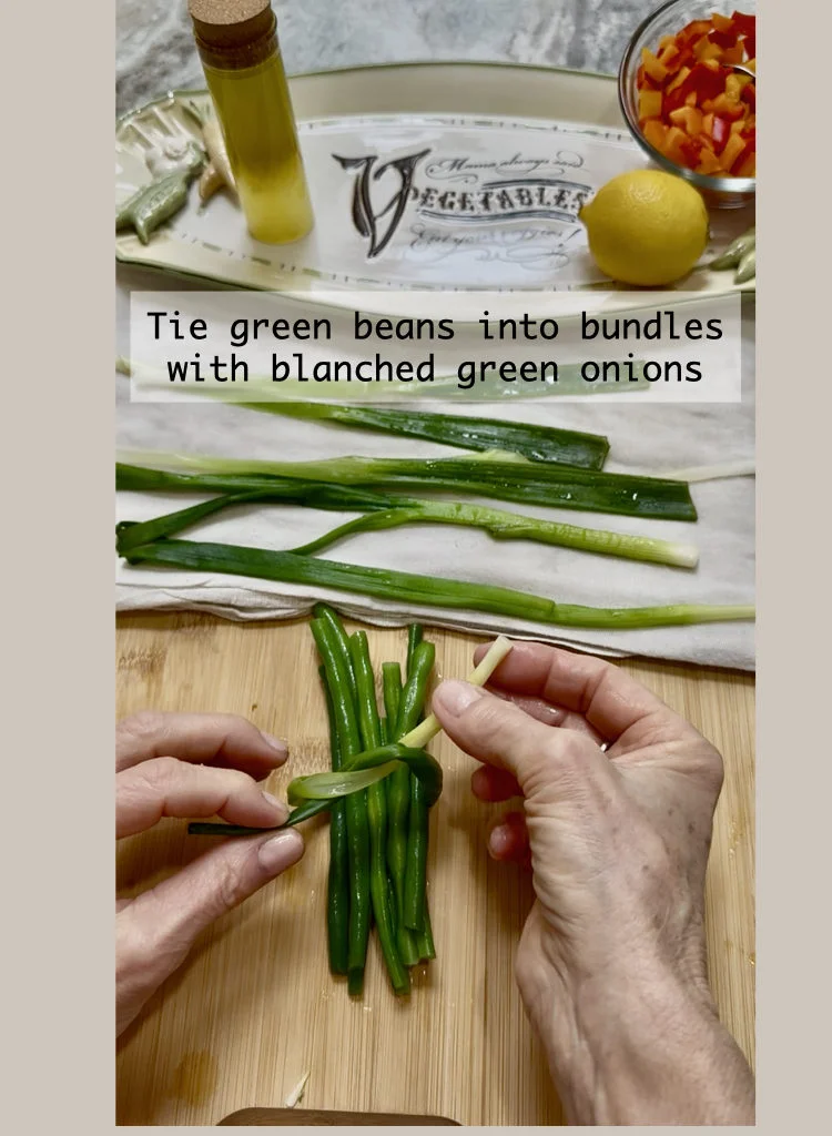 Blanched Green Onions Are Tied Around Green Beans Into Bundles