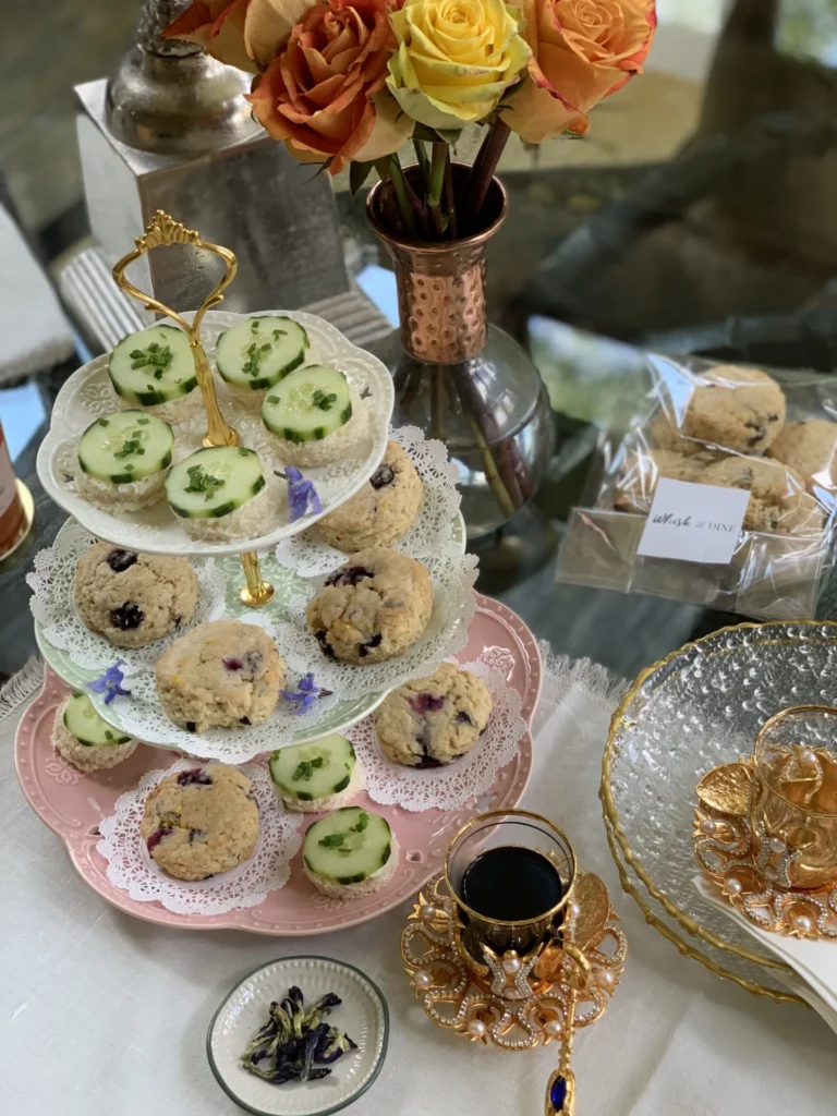 Tradition Of Afternoon Tea Served On 3-Tiered Dessert Or Tea Sandwich Stand