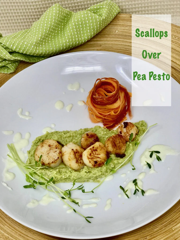 Seared Scallops Over Pea Pesto with Carrot Ribbons
