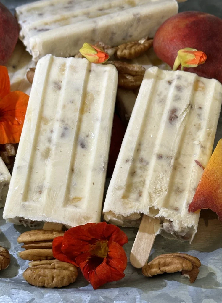 Creamy Peach Pecan Bourbon Popsicles