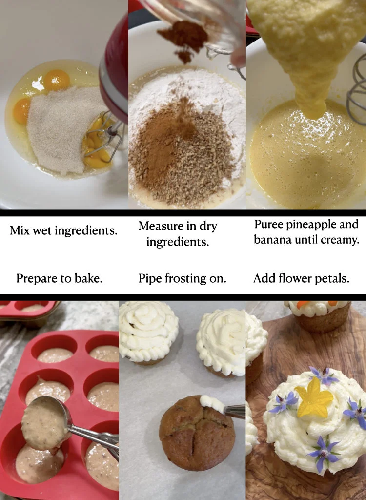 Steps For Making Hummingbird Cupcakes With Edible Flowers