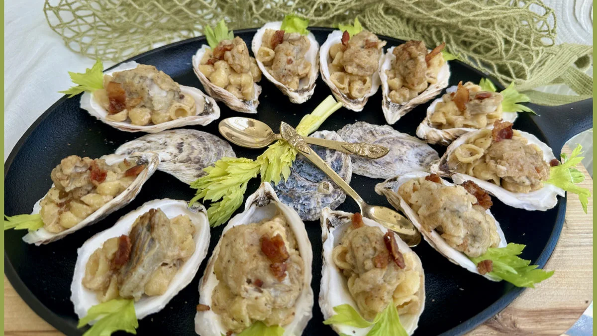 Crispy Oysters Over Mac and Cheese On The Half Shell