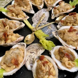 Crispy Oysters Over Mac and Cheese On The Half Shell