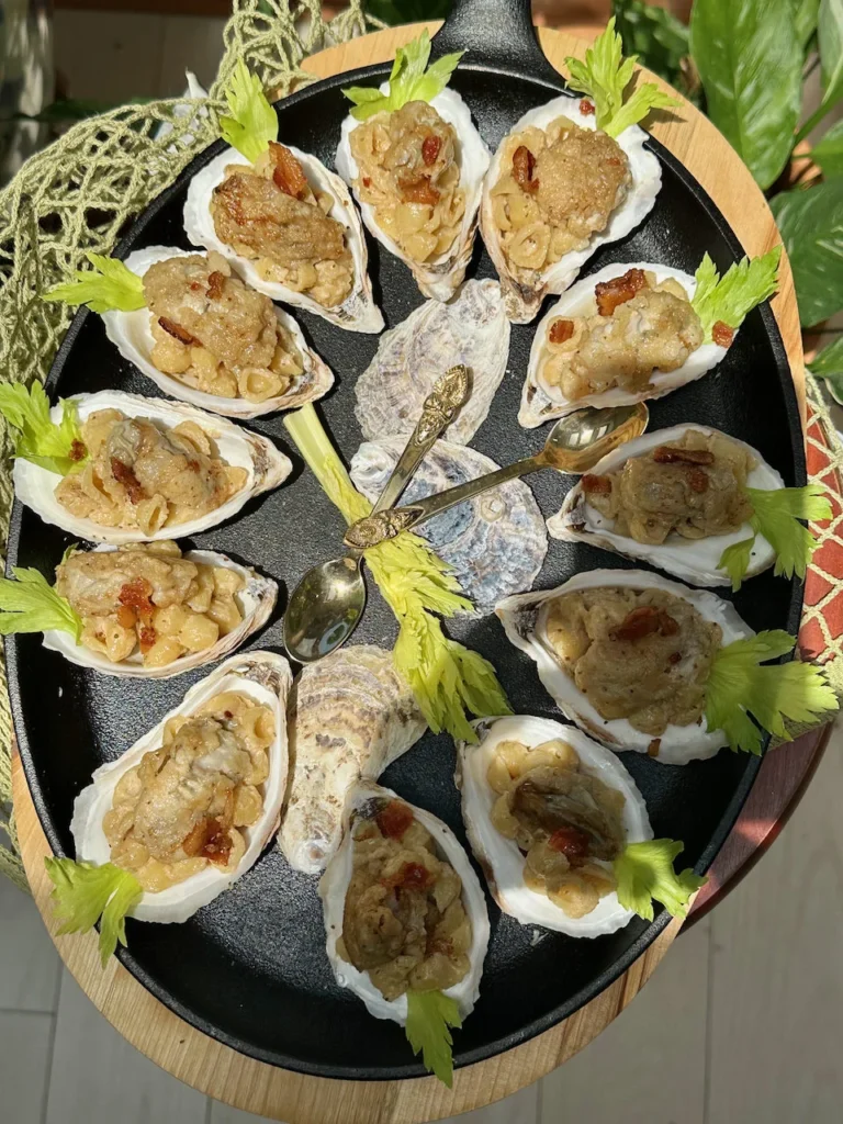 Chesapeake Bay Oysters Over Mac and Cheese On The Half Shell
