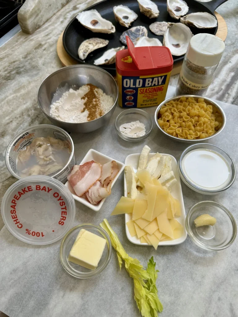 Ingredients Needed For Crispy Oysters Over Mac and Cheese On A Half Shell
