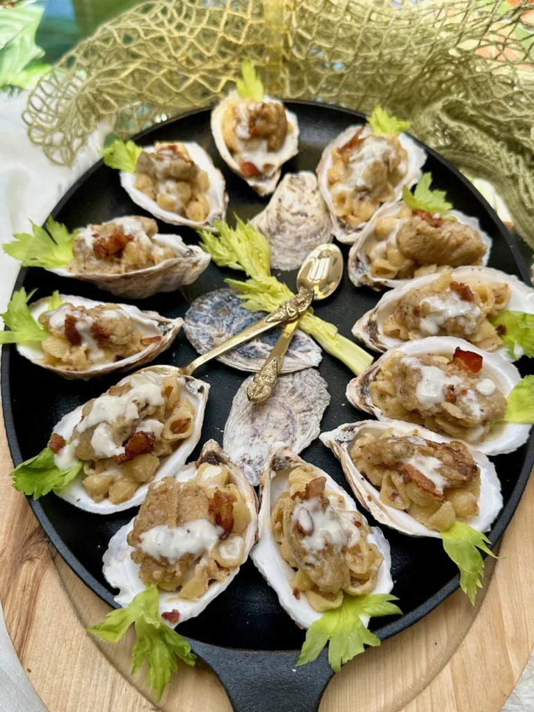 Crispy Oysters Over Mac and Cheese On The Half Shell 