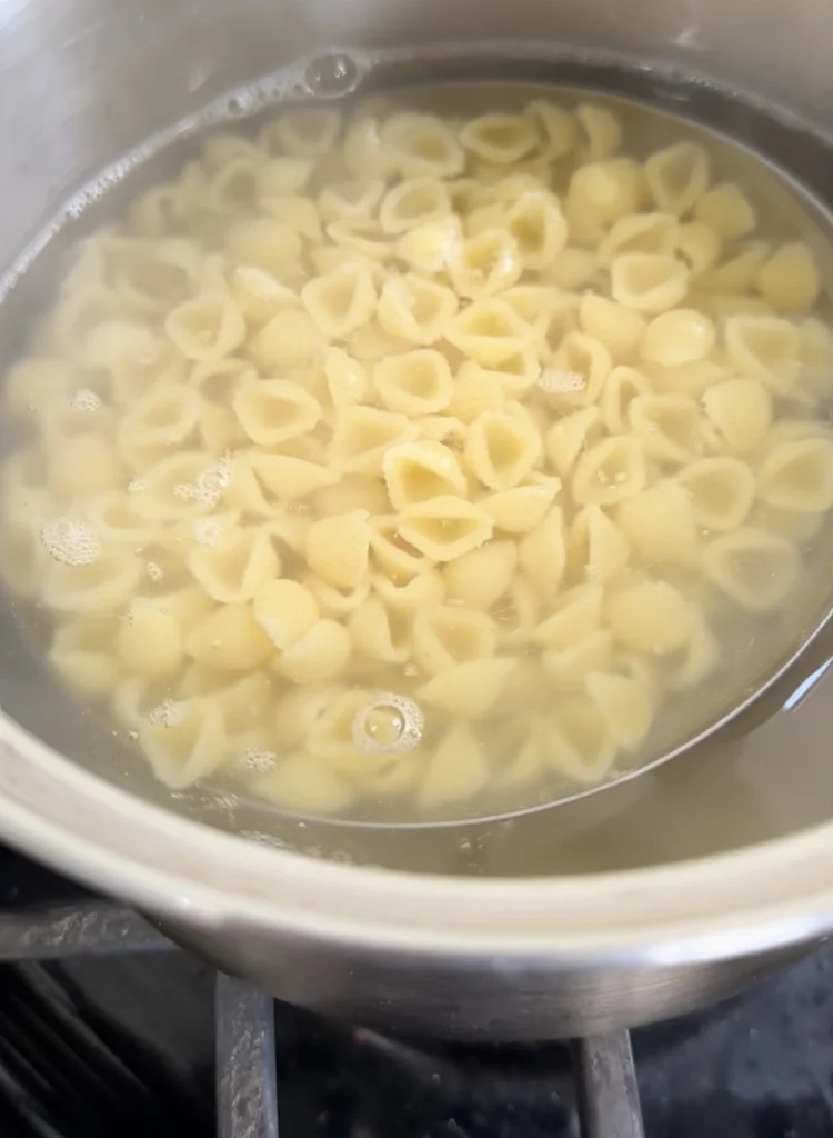 Shell Pasta Cooked al Dente and Ready To Blend With The Crab and Cheese Sauce