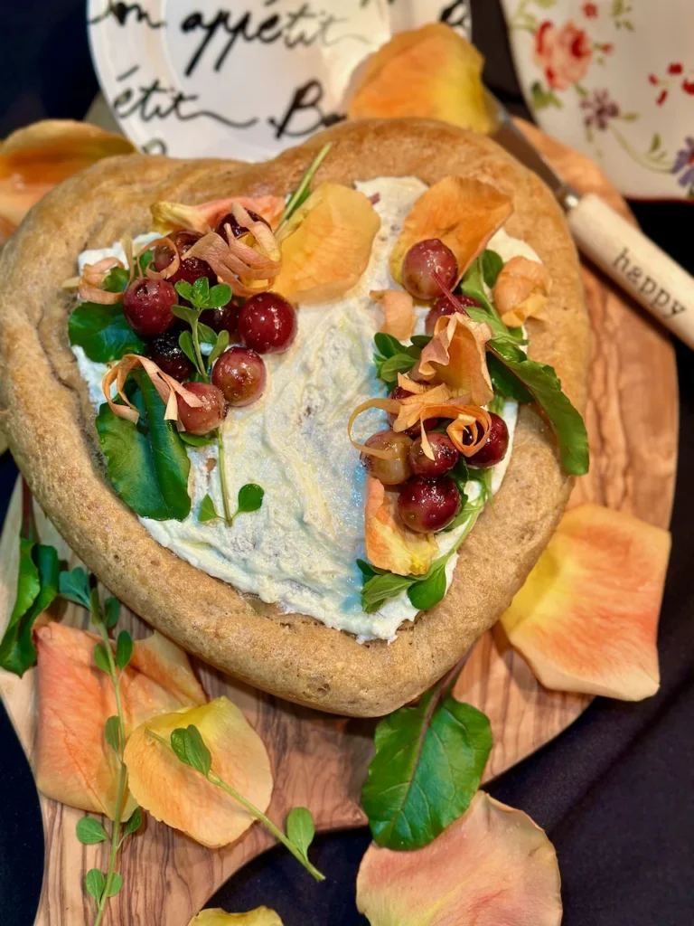 Heart-shaped Garlic Bread with Roasted Grapes and Goat Cheese Spread