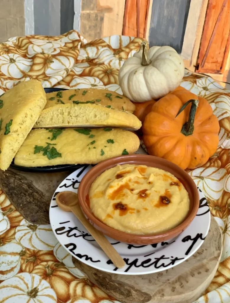 Pumpkin Hummus with Chili Oil and Pumpkin Pita