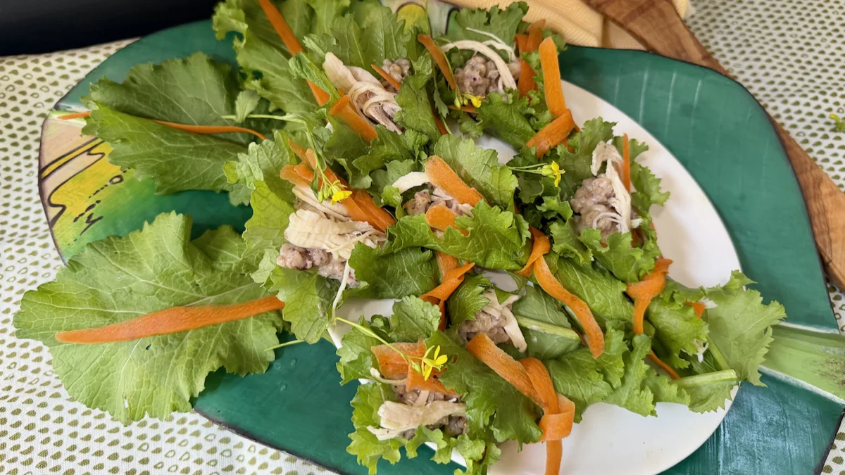 Mediterranean Mustard Green Wraps with Barley, Tahini & Shredded Rabbit (or Chicken)