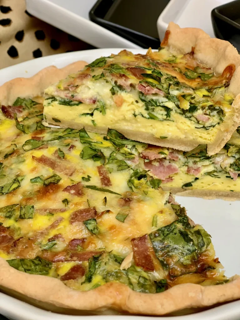 Easy Breakfast or Brunch Savory Pie with Bacon Options, Cheese Options and Greens