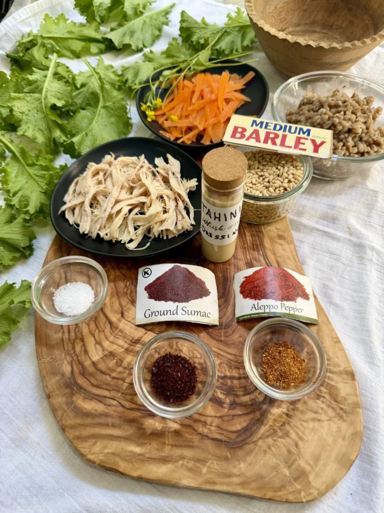 Ingredients for Mustard Green Wraps with Barley, Tahini Dressing and Shredded Rabbit or Chicken