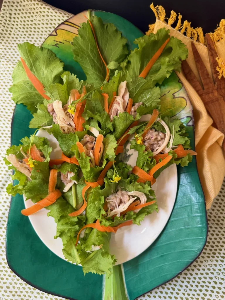 Mediterranean Mustard Green Wraps with Barley, Tahini & Shredded Rabbit (or Chicken)
