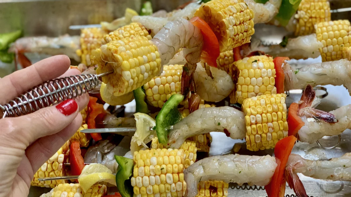 Summer Shrimp and Corn Skewers with Mediterranean Dressing
