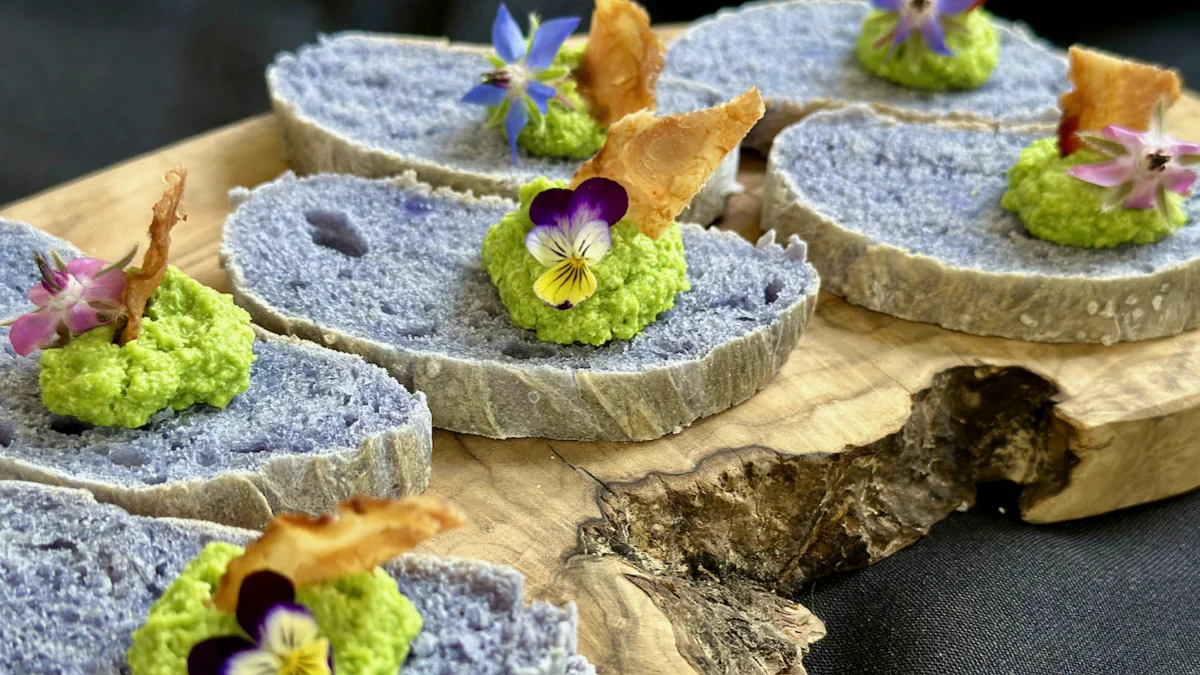 Purple Sweet Potato Bread Crostini with Pea Pesto