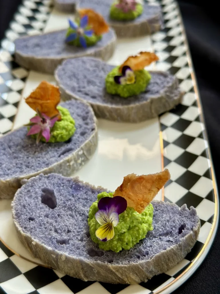 Purple Sweet Potato Bread Crostini with Pea Pesto, and Bacon or Parmesan Crisps