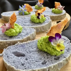 Purple Sweet Potato Bread Crostini with Pea Pesto