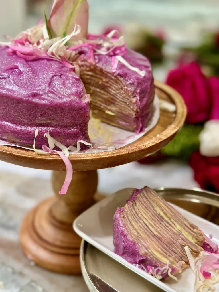 Purple Sweet Potato Crepe Cake with Passion Fruit Custard Filling