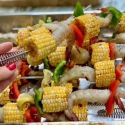 Summer Shrimp and Corn Skewers with Mediterranean Dressing