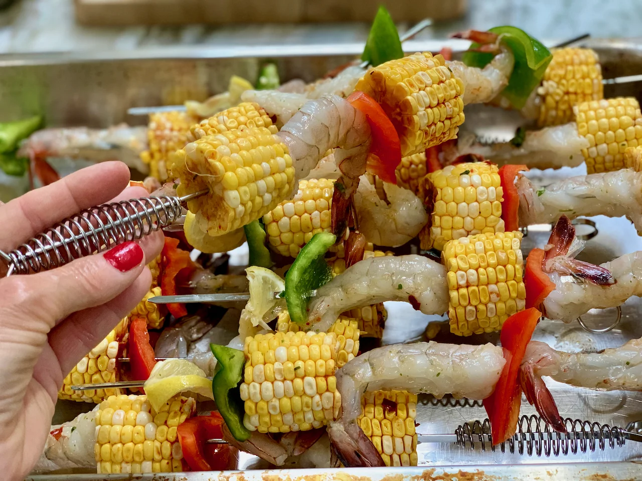 Summer Shrimp and Corn Skewers with Mediterranean Dressing