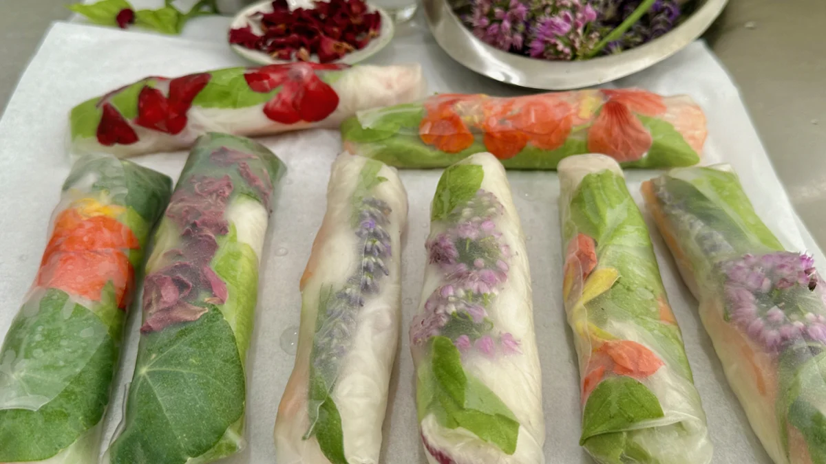 Colorful Garden Rice Wraps with Dipping Sauces (Edible Flower Rice Paper Rolls)