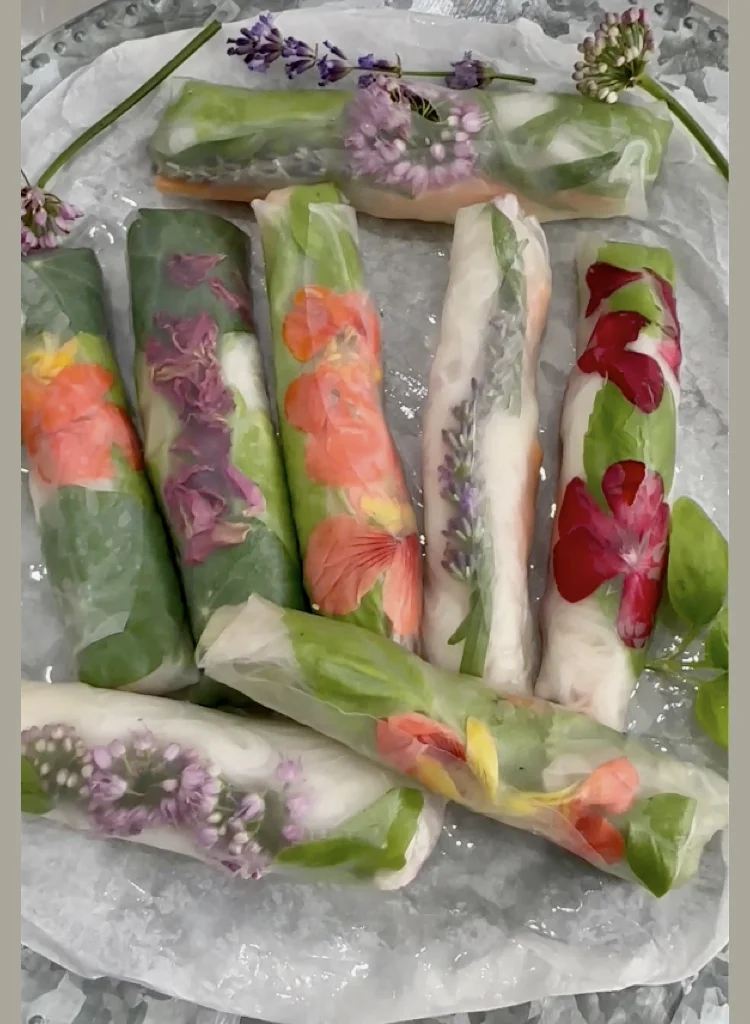 Delicious & Colorful Rice Paper Wraps with Rice Noodles, Herbs and Edible Flowers